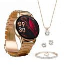 Vibez Glitz Luxury Smart Watch for Women & Gift Box- Stainless Metal Straps,1.39" Display, BT Calling Smartwatch & Jewellery Set for Women, Gifts for Women (Earrings, Necklace, Bracelet, Ring), Gold