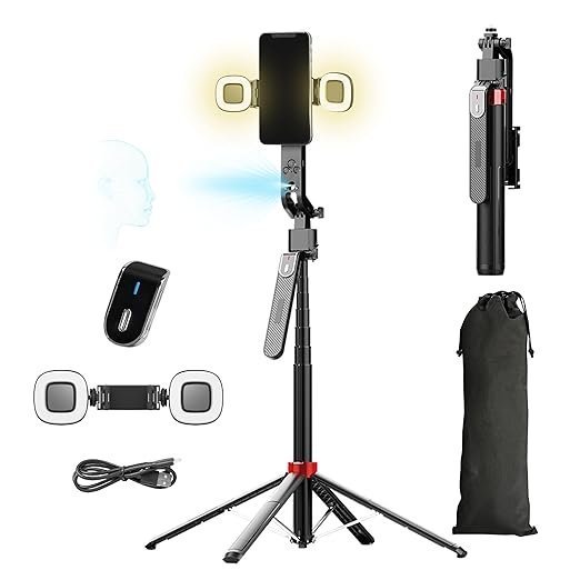 DRAVINA Auto Face Tracking Tripod - 360° Rotation + 270° Tilt, 4 in 1 Phone Tripod with Fill Lights, 180cm Aluminum Alloy Tripod with 4 Legs for Extra Stability + Rechargeable Remote Control