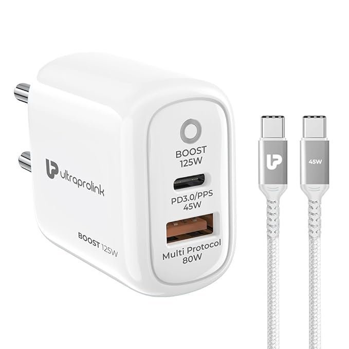 UltraProlink 125W USB C and USB-A PD- PPS Fast Charger | Type C Adapter | 80W USB-A and 45W USB-C Port | Compatible for Samsung, iPhone 15/16, Nothing, Motorola |1m USB C-C Cable|UM1134C |Boost 125