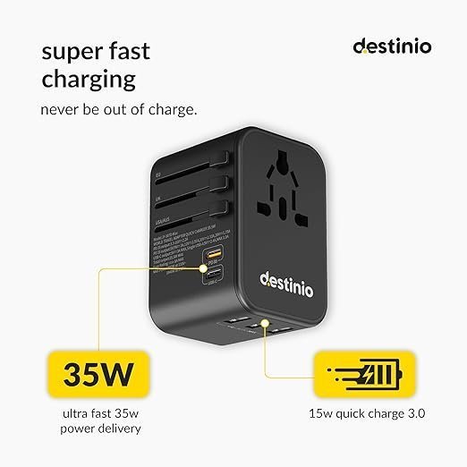 Destinio Universal Travel Adapter- 6-in-1 Fast (35W) Charging with PD/QC 3.0, 10 Year Warranty, 2 Type C & 3 USB Ports Universal Charger, International Travel Adapter, All in One Plug, Socket Adaptor